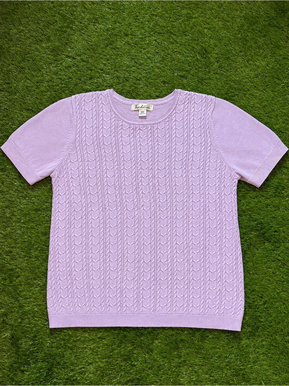 Tradition Lavender Cable Knit Short Sleeve Sweater Top Medium